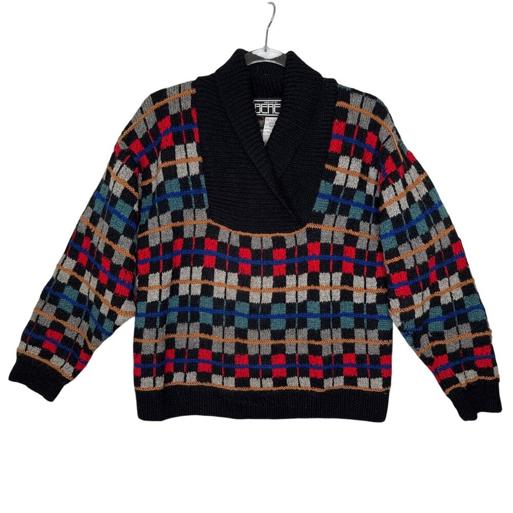 1990s Berek 100% Wool Colorblock Hand Knit Sweater Medium